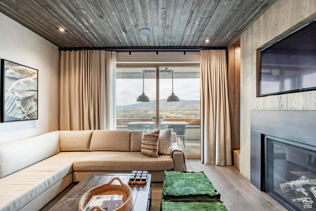 Living area featuring recessed lighting, a glass covered fireplace, wooden ceiling, and wood finished floors