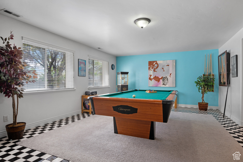 Recreation room with baseboards, tile patterned floors, pool table, and visible vents