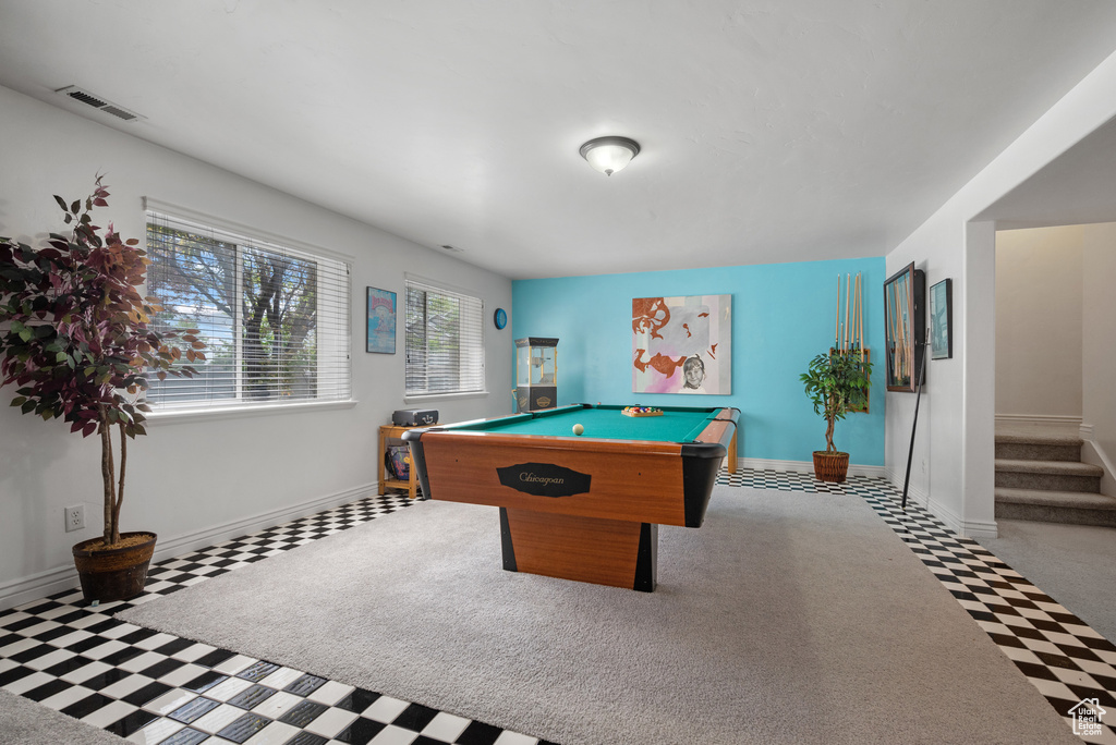 Rec room with pool table, tile patterned floors, visible vents, and baseboards