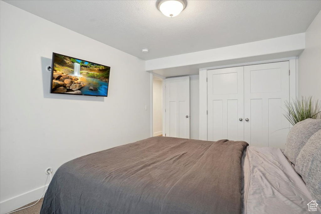 Carpeted bedroom with baseboards and a closet