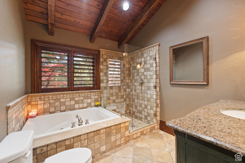 Bathroom featuring a garden tub, vanity, toilet, wood ceiling, and a shower stall