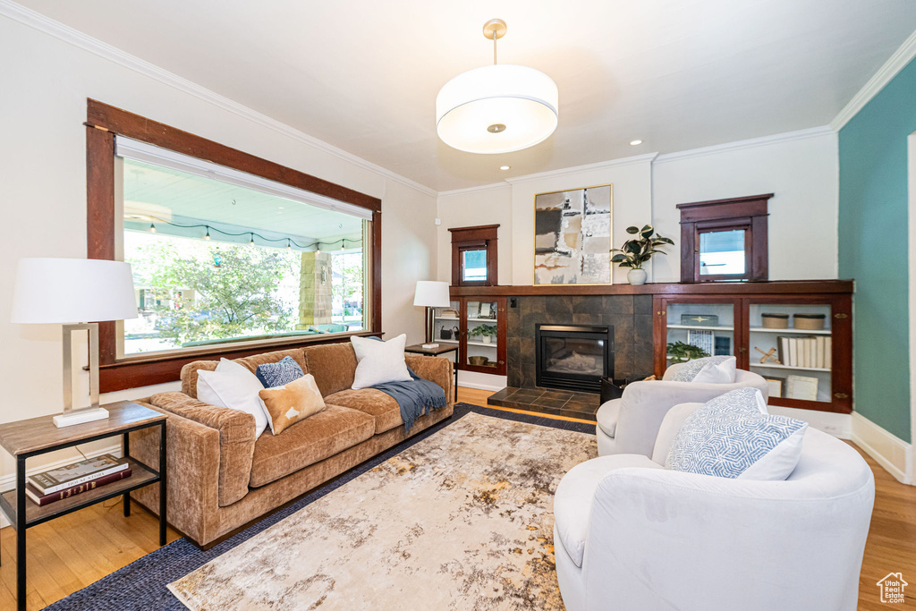 Living room with baseboards, ornamental molding, and wood finished floors