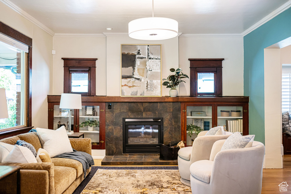 Living area with crown molding, wood finished floors, a healthy amount of sunlight, and a fireplace