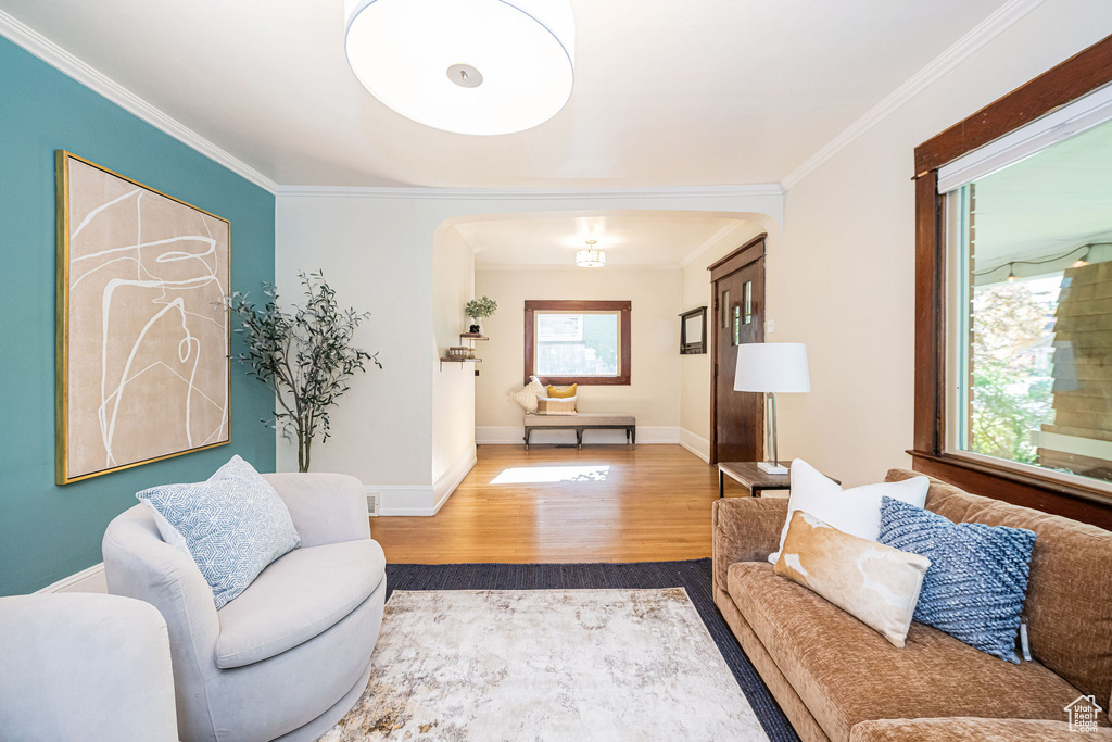 Living room featuring arched walkways, ornamental molding, baseboards, and wood finished floors