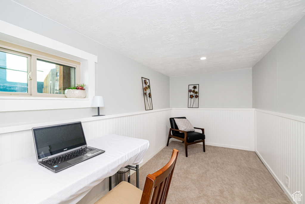 Office area with a textured ceiling, light colored carpet, and wainscoting