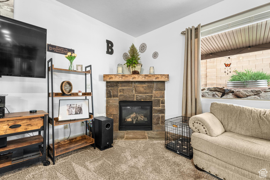 Living room featuring a stone fireplace and carpet