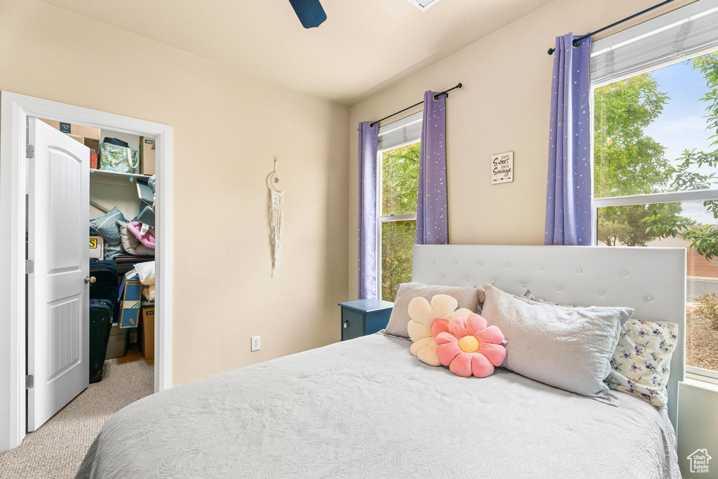 Carpeted bedroom with a closet, a ceiling fan, and a spacious closet