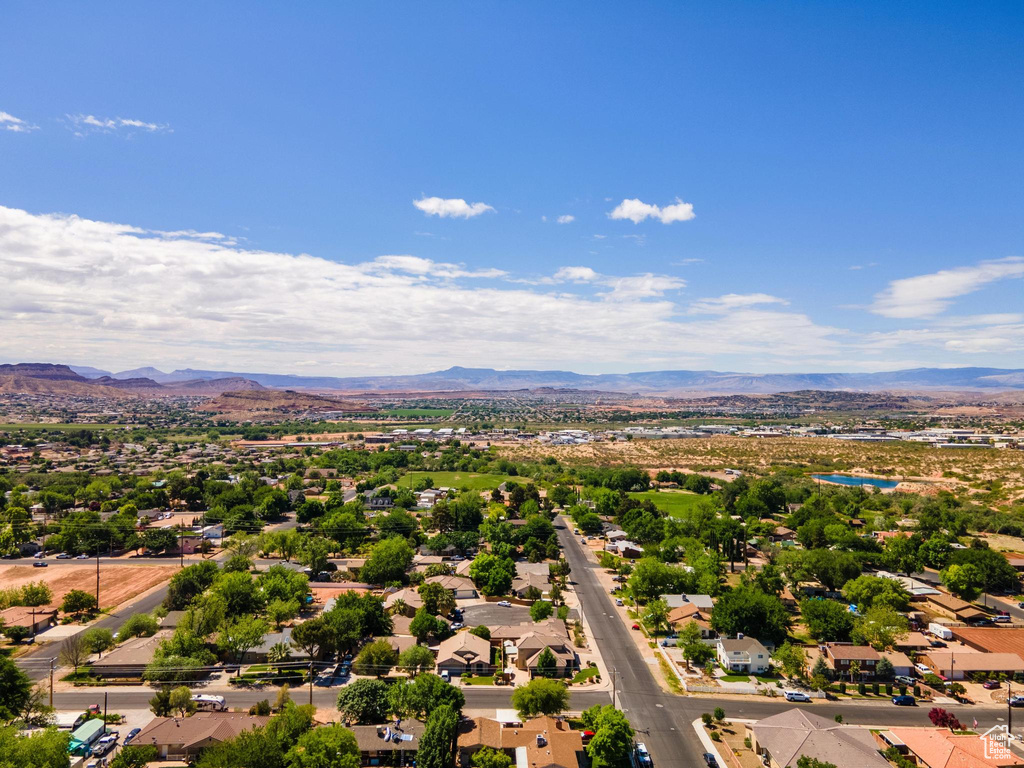 Bird\\\'s eye view with a mountain view and a residential view