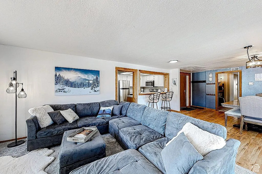 Living room with wood finished floors and a textured ceiling