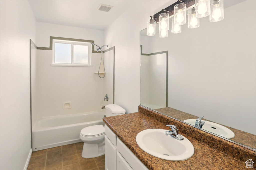 Full bathroom featuring shower / bathtub combination, toilet, visible vents, and vanity
