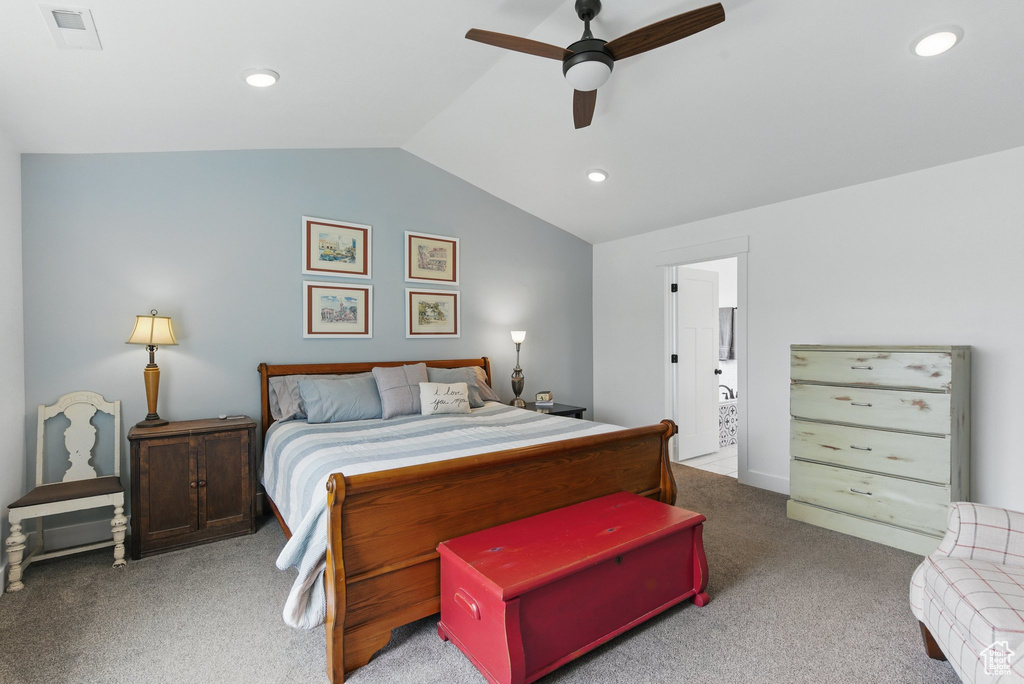 Bedroom featuring ceiling fan, visible vents, vaulted ceiling, carpet flooring, and recessed lighting