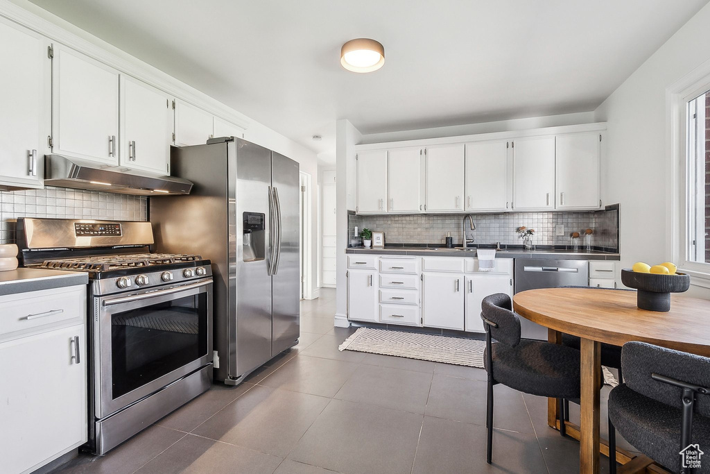Kitchen featuring dark tile patterned floors, backsplash, appliances with stainless steel finishes, a sink, and under cabinet range hood