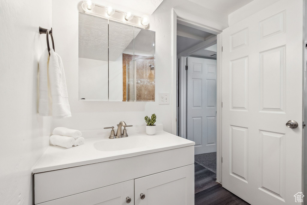 Bathroom featuring wood finished floors and vanity