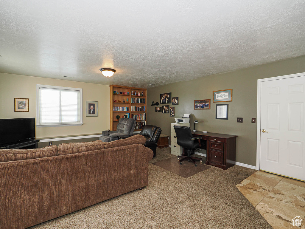 Living room featuring a textured ceiling, light carpet, and baseboards