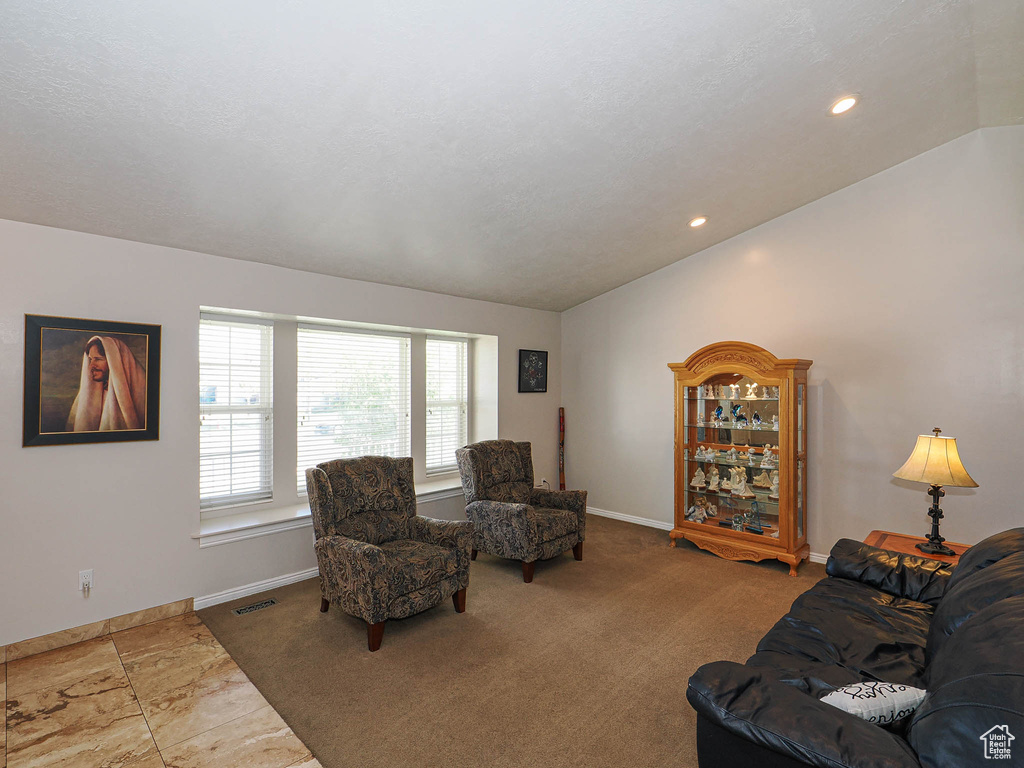 Carpeted living area featuring baseboards, vaulted ceiling, and visible vents