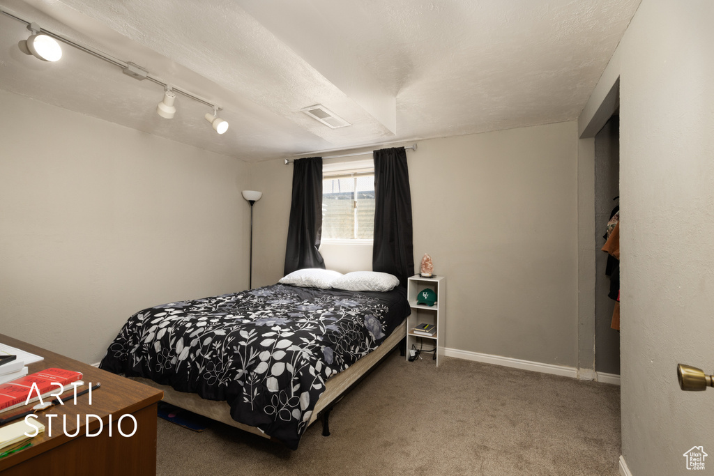 Carpeted bedroom with baseboards, visible vents, and track lighting