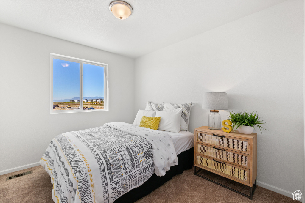Carpeted bedroom with baseboards and visible vents
