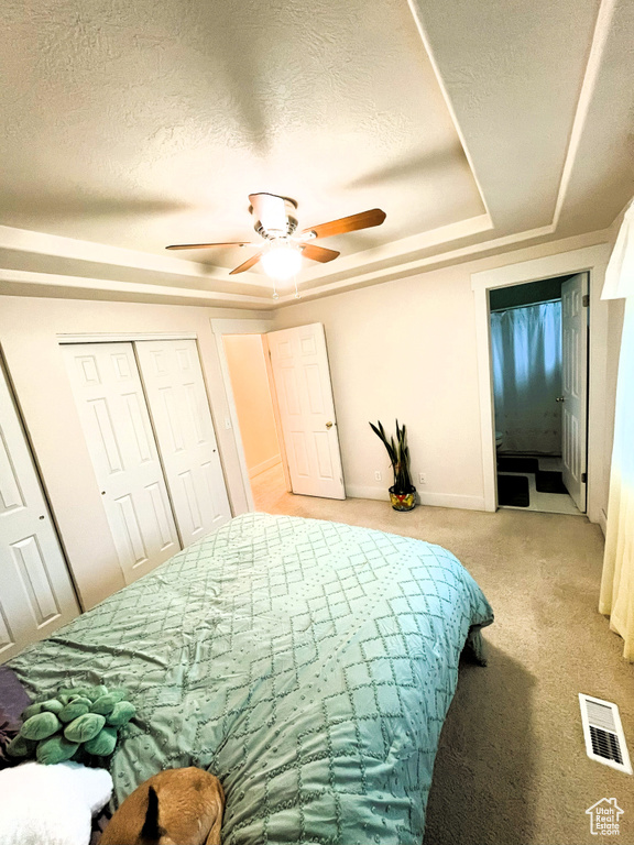 Bedroom with light carpet, a textured ceiling, baseboards, a tray ceiling, and visible vents