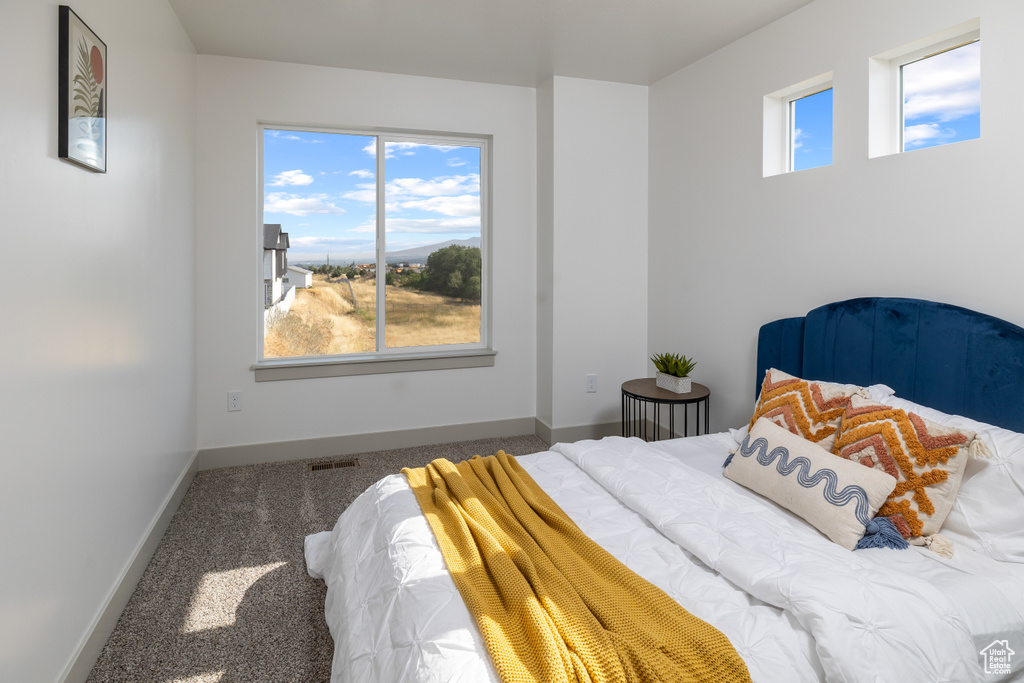Bedroom featuring baseboards, carpet, and visible vents