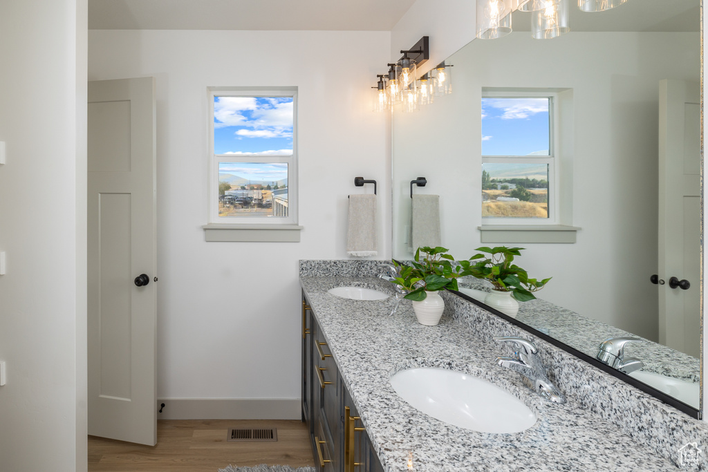 Full bathroom featuring visible vents, wood finished floors, baseboards, a chandelier, and a sink