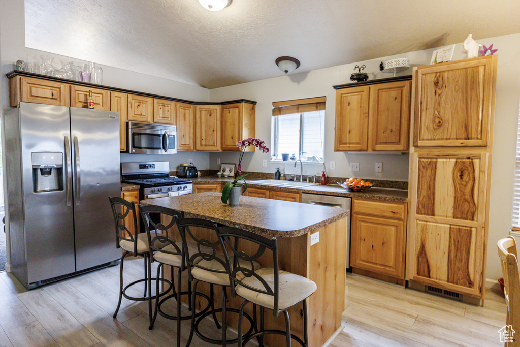 Kitchen with a sink, dark countertops, light wood-style floors, and stainless steel appliances