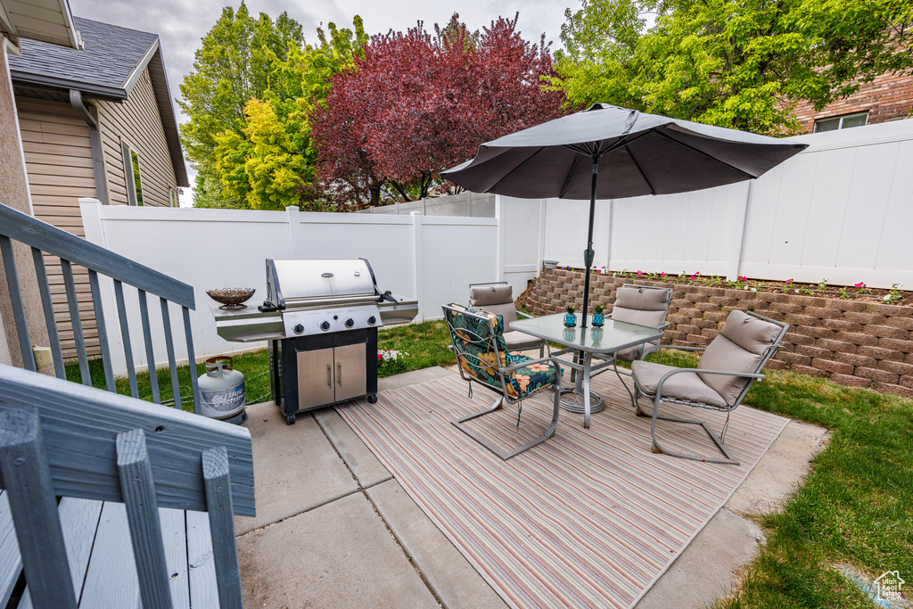 View of patio / terrace featuring area for grilling, outdoor dining area, and a fenced backyard