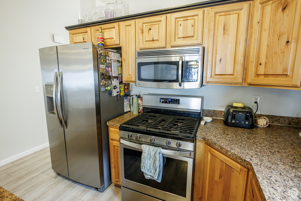 Kitchen with light wood-type flooring, baseboards, and stainless steel appliances
