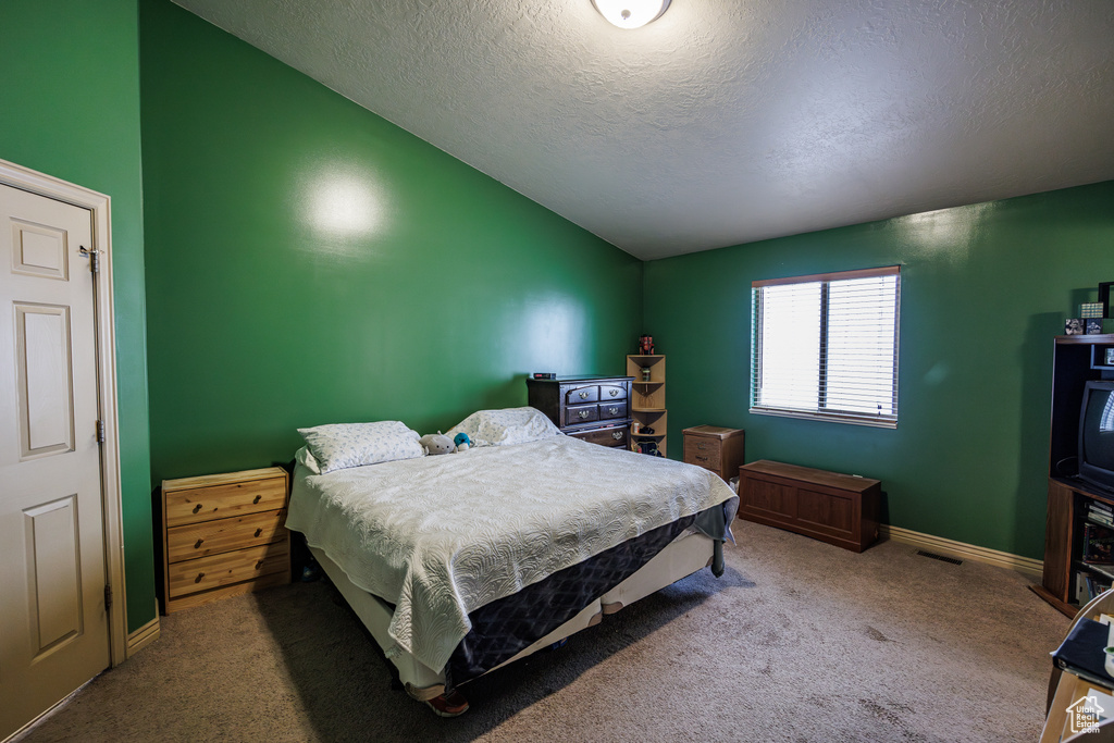 Bedroom with baseboards, a textured ceiling, carpet, and vaulted ceiling