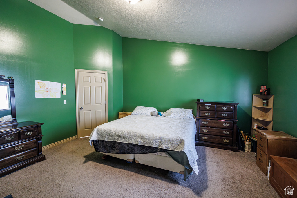 Carpeted bedroom featuring baseboards and a textured ceiling