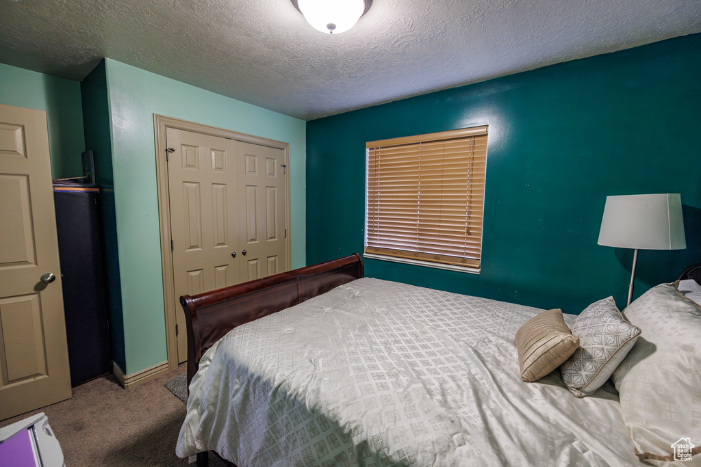 Carpeted bedroom with a textured ceiling, baseboards, and a closet