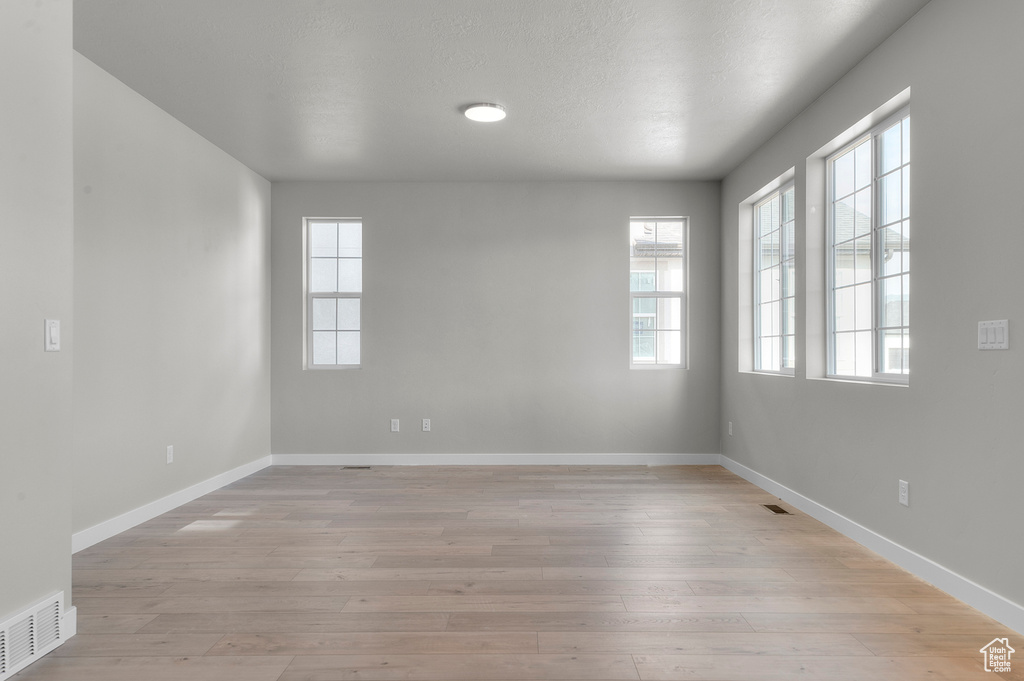 Unfurnished room with plenty of natural light, light wood-type flooring, and baseboards