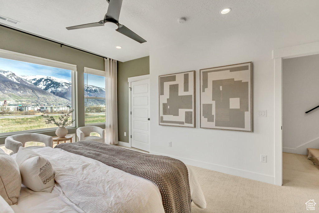 Carpeted bedroom with baseboards, a ceiling fan, recessed lighting, and visible vents