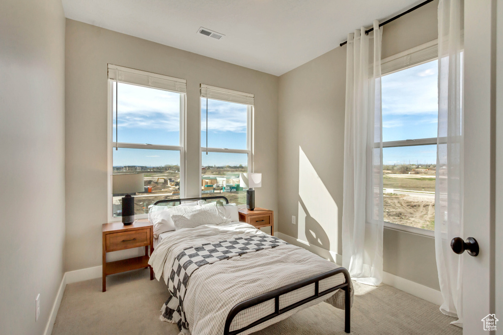 Bedroom featuring baseboards, multiple windows, and light colored carpet