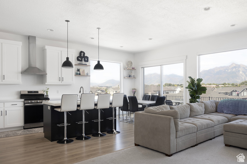 Living area featuring recessed lighting, a textured ceiling, a mountain view, and wood finished floors