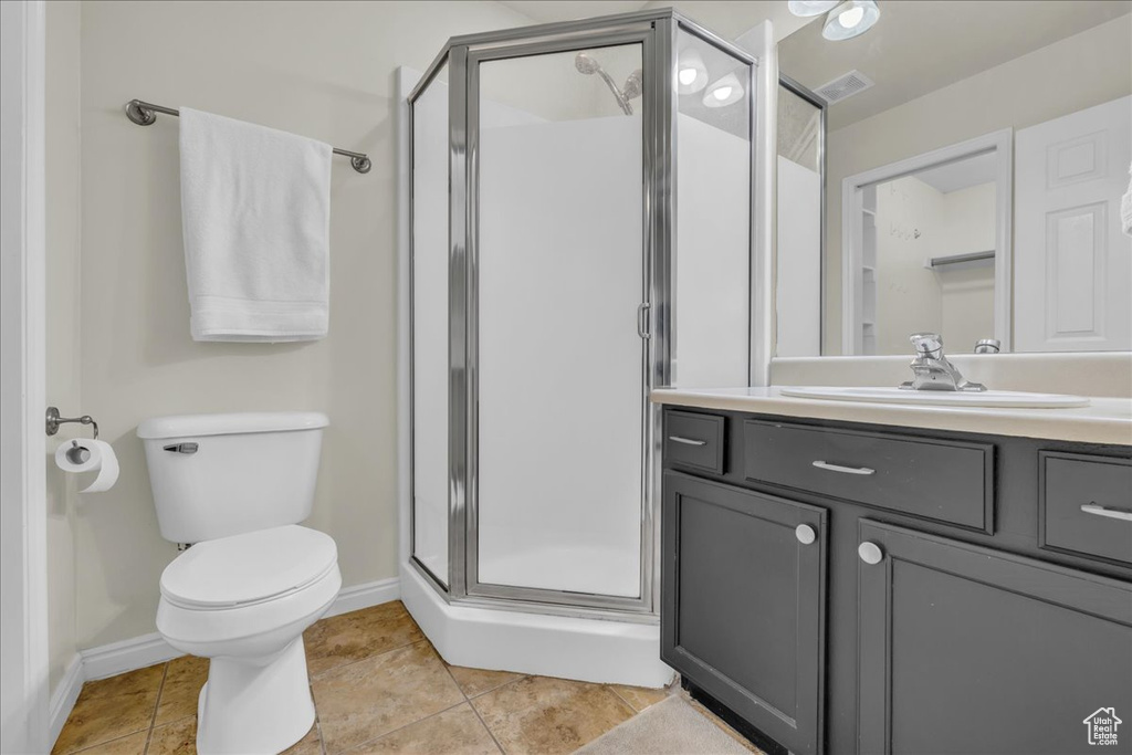 Full bathroom featuring vanity, a stall shower, and visible vents
