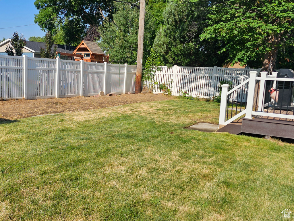 Fenced backyard with a deck