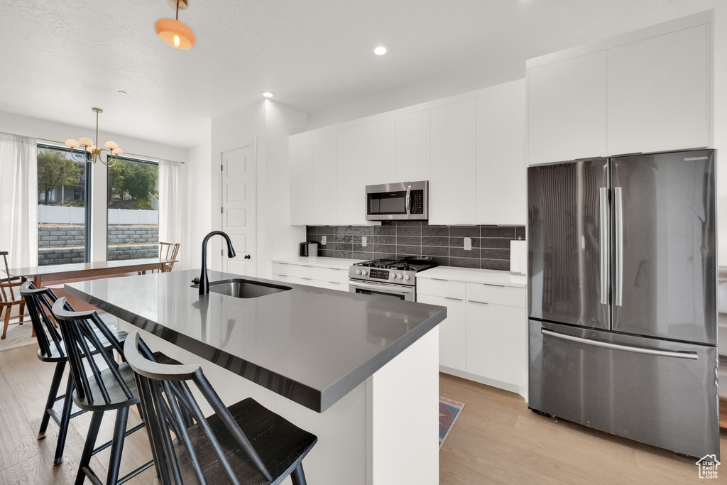 Kitchen featuring appliances with stainless steel finishes, a sink, light wood-style floors, decorative backsplash, and a center island with sink