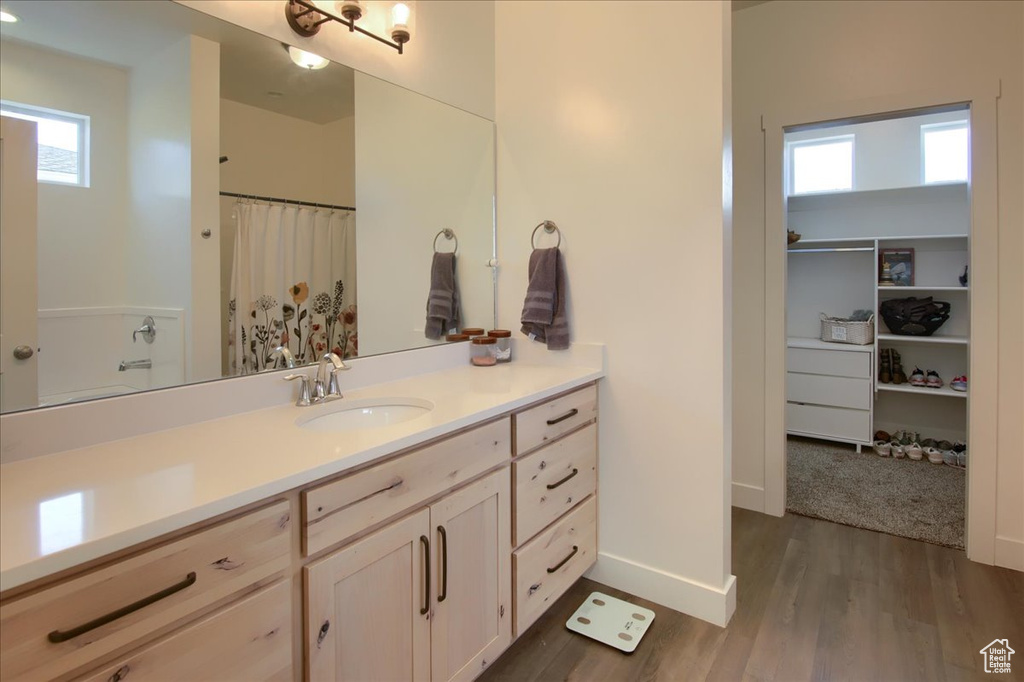 Bathroom with vanity, baseboards, and wood finished floors