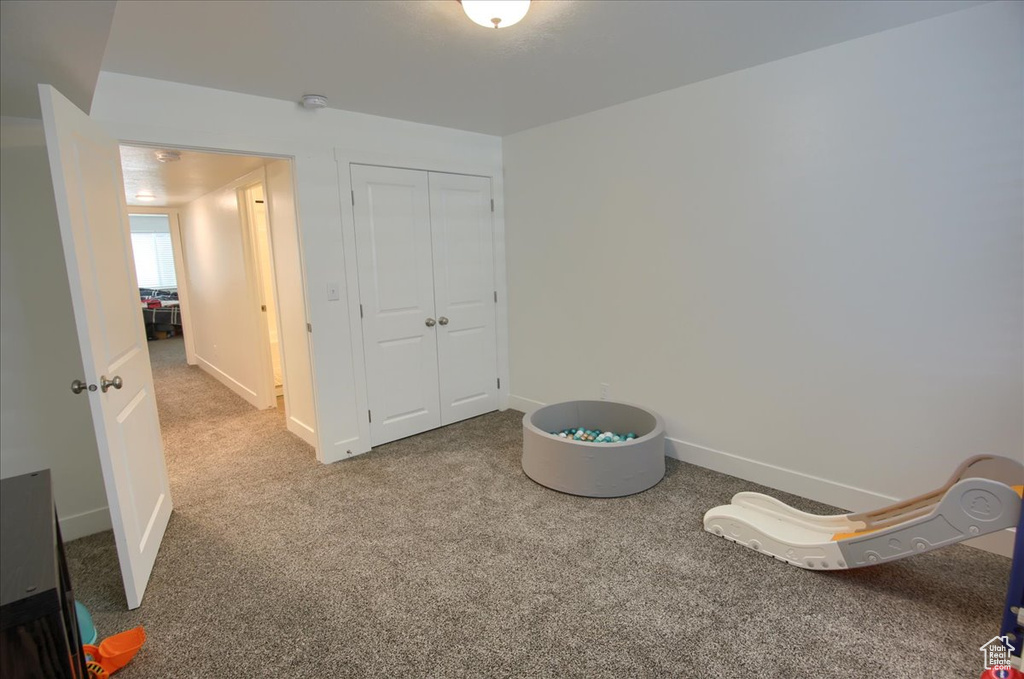 Interior space with baseboards, carpet, and a closet
