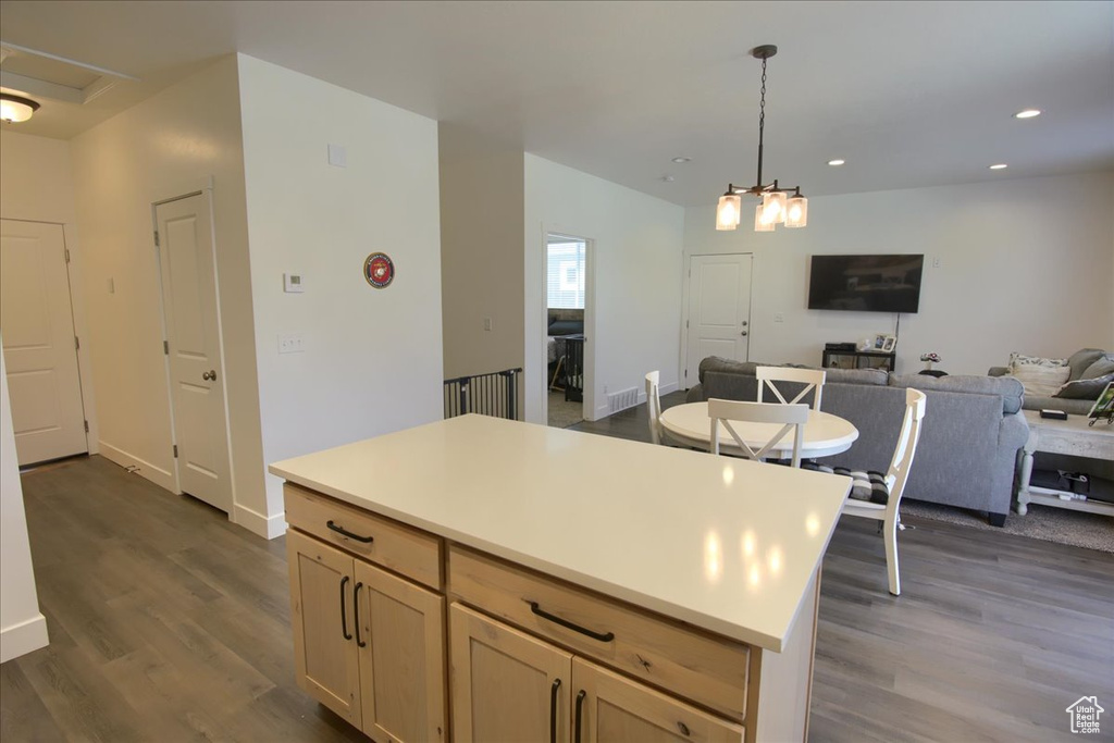 Kitchen with recessed lighting, pendant lighting, dark wood-style floors, and open floor plan