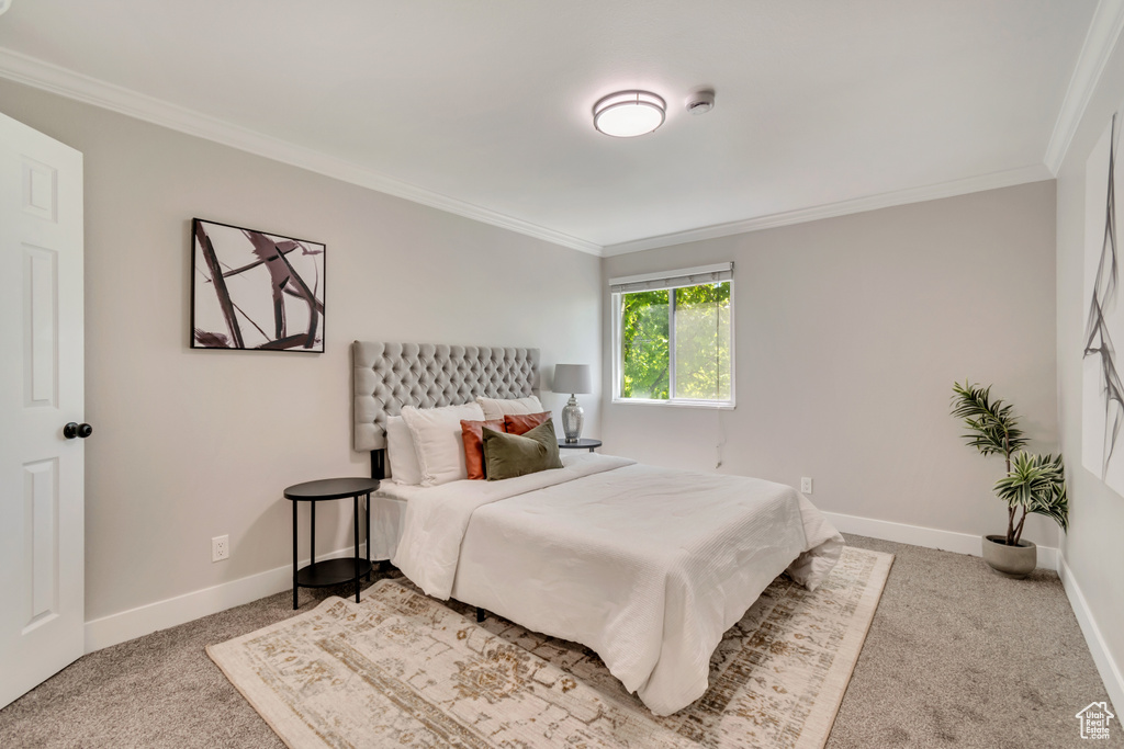 Bedroom with carpet floors, ornamental molding, and baseboards