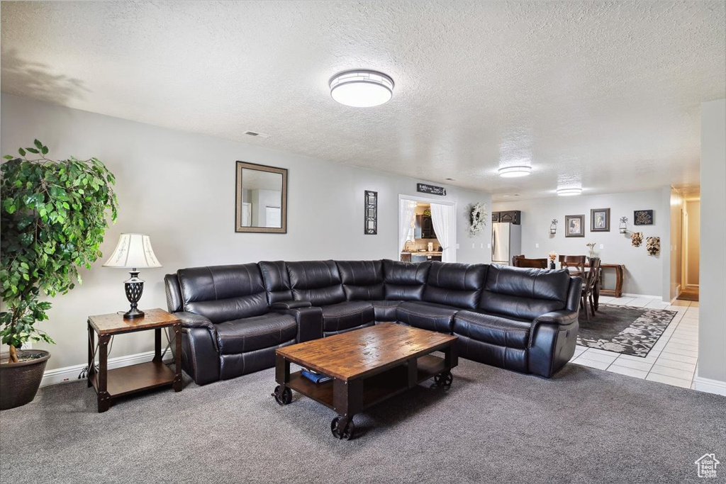 Carpeted living room featuring a textured ceiling, baseboards, and tile patterned floors