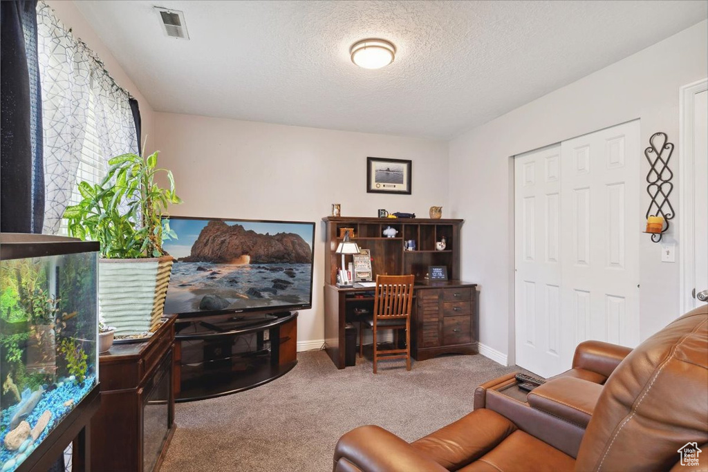 Home office with carpet floors, baseboards, a textured ceiling, and visible vents