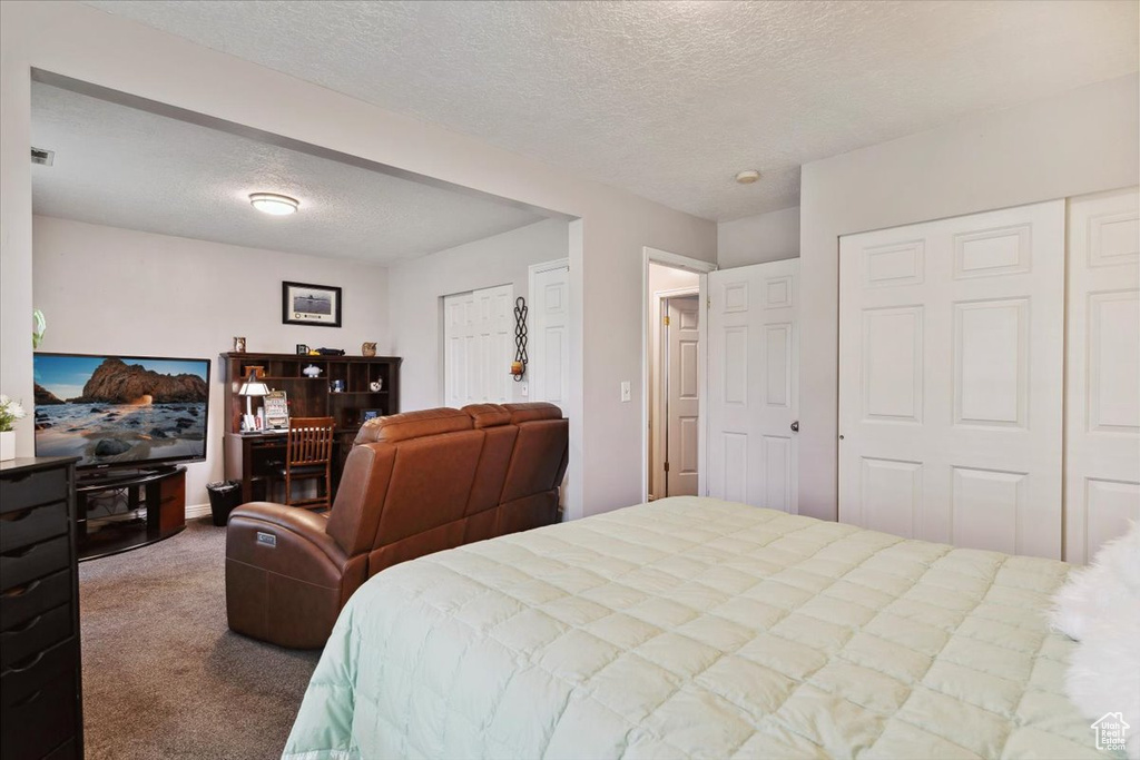 Carpeted bedroom featuring baseboards, a textured ceiling, and visible vents
