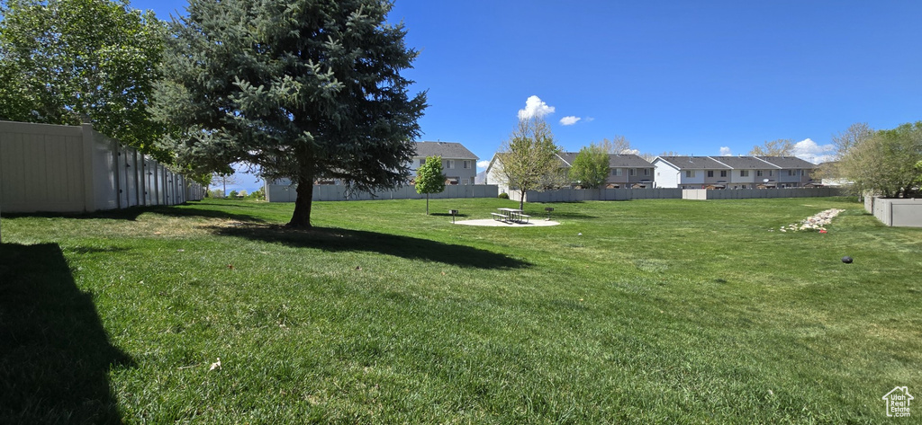 View of yard featuring fence and a residential view