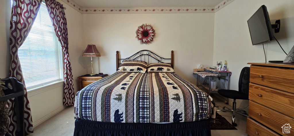Bedroom featuring baseboards and carpet