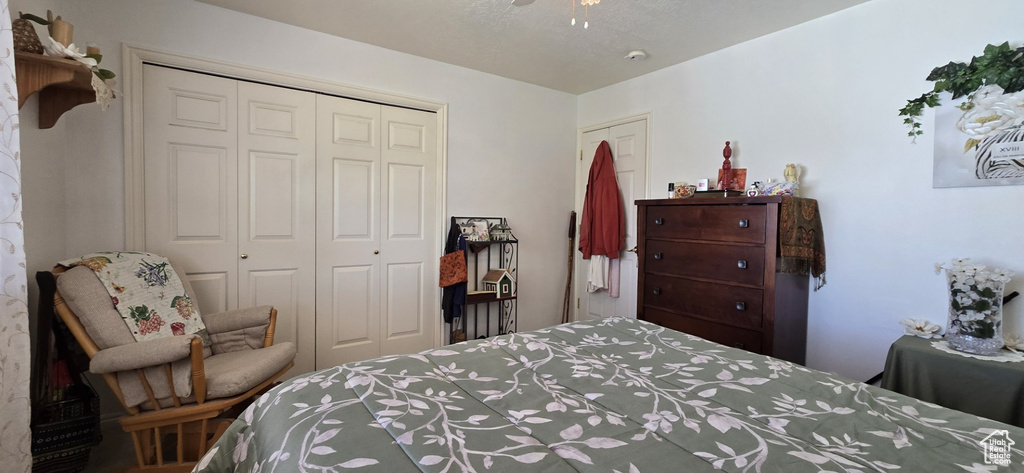 Bedroom with a ceiling fan and a closet
