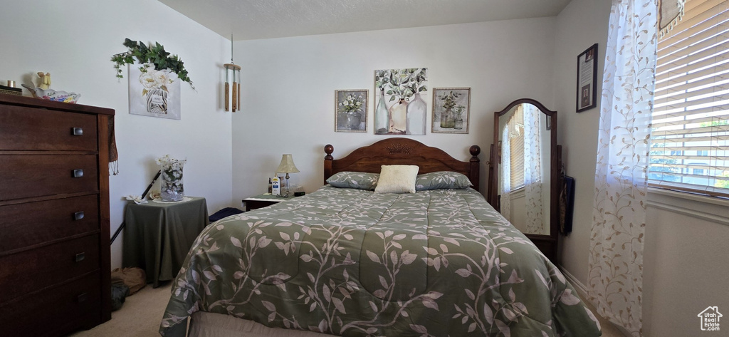 Bedroom featuring light colored carpet