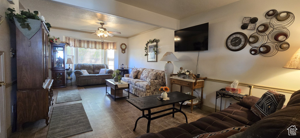 Living area featuring ceiling fan