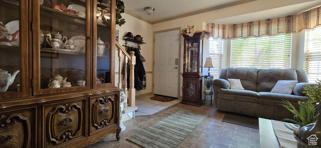 Living room featuring ornamental molding and a wealth of natural light